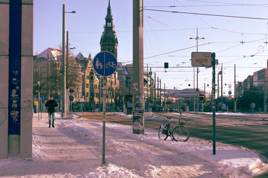 Leipzig winter street with snow on a sunny day