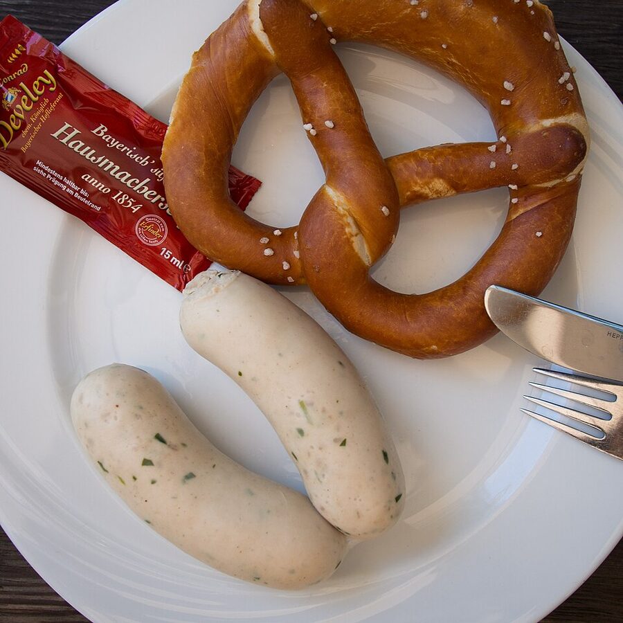 Weisswurst Bavarian sausage with pretzel