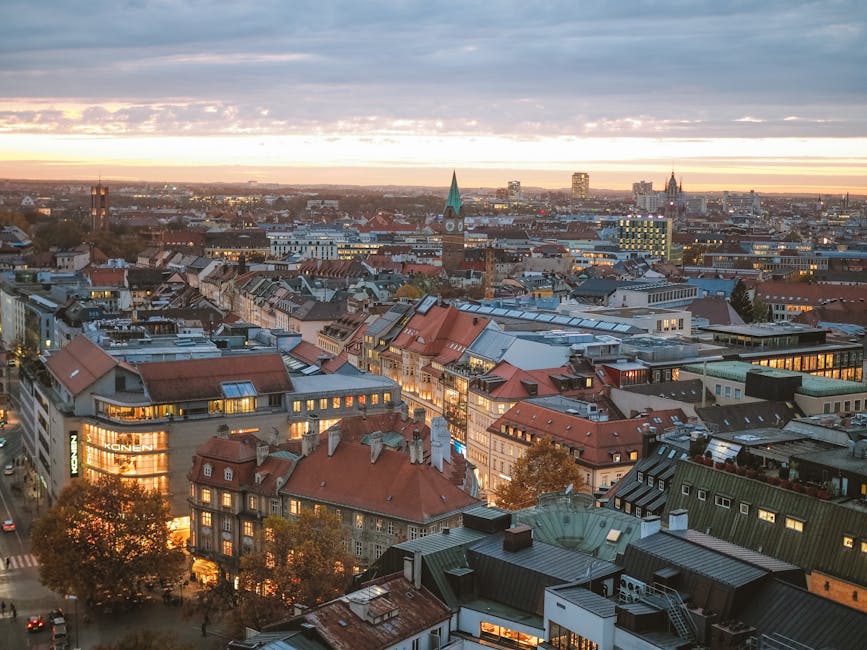 Munich aerial view at sunset showcasing the city skyline