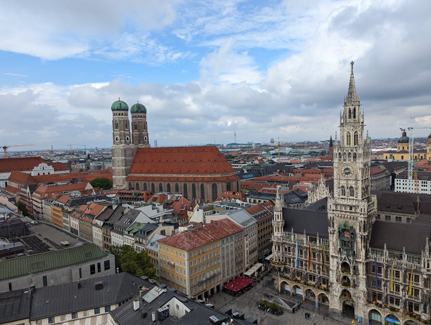 Aerial view of Munich Marienplatz with the New Town Hall and Frauenkirche