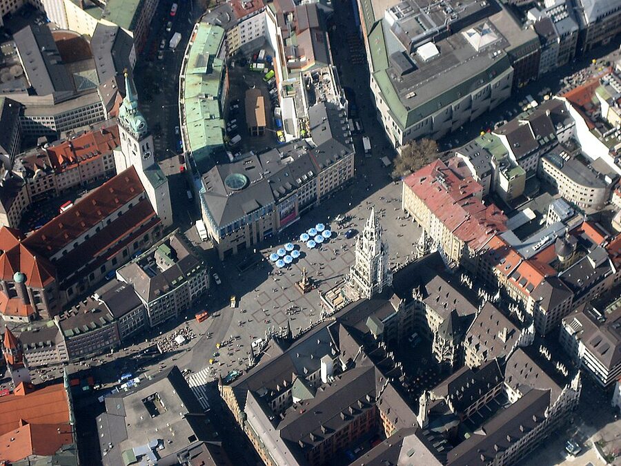 Aerial view of Munich Marienplatz with Old Peter and the New Town Hall
