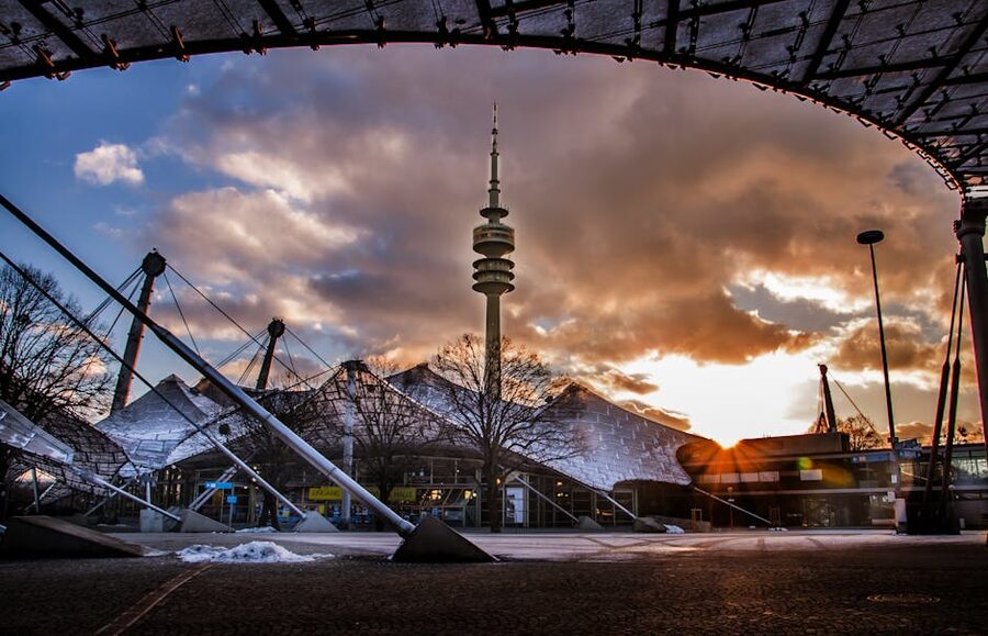 Munich Olympic Stadium and Tower at sunrise