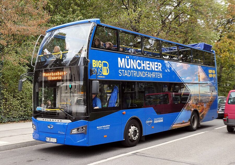Munich tourist sightseeing bus on city street
