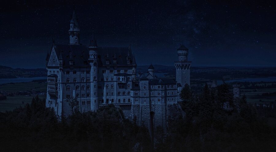 Neuschwanstein Castle illuminated at night