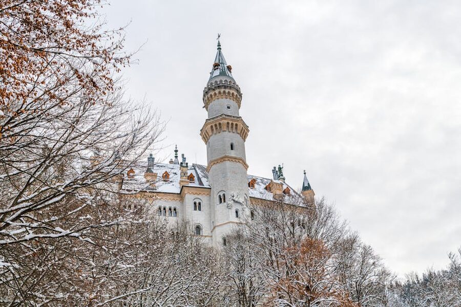 Neuschwanstein Castle tower among bare winter trees
