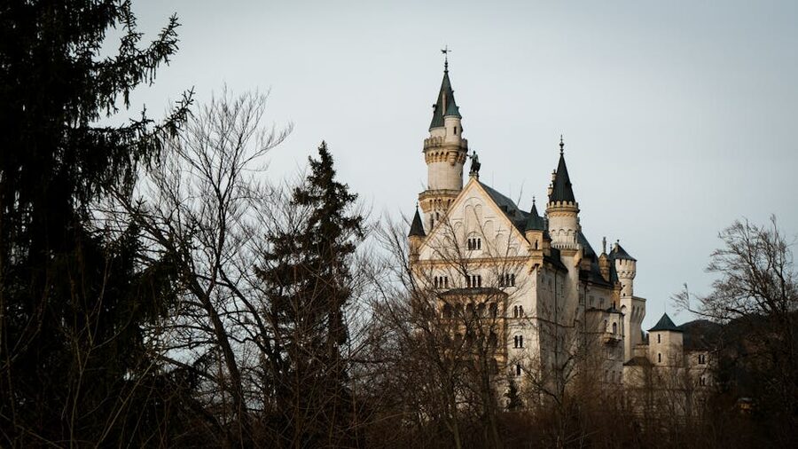Neuschwanstein Castle in winter setting with bare trees