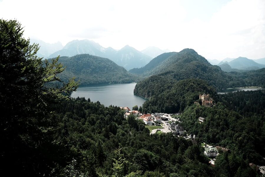 Aerial view of Hohenschwangau village and forests near Neuschwanstein