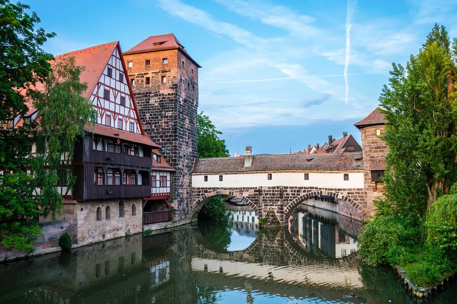 Pegnitz river with half-timbered houses Nuremberg