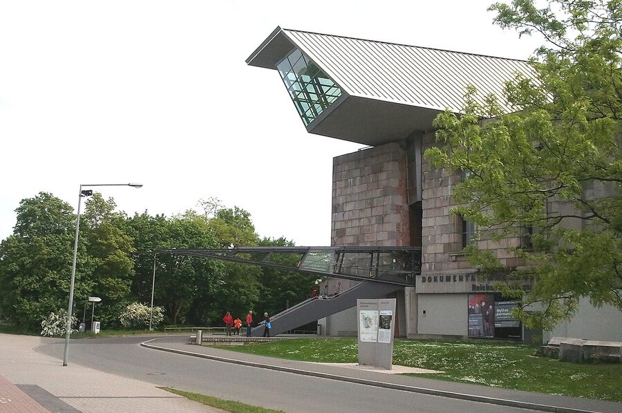 Documentation Center entrance with the architectural steel beam slicing the building