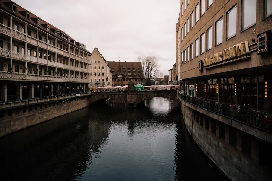 Historic canal and timber-framed buildings in the Nuremberg Old Town