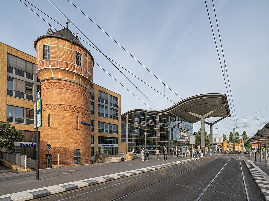 Potsdam Hauptbahnhof main station with water tower and tram lines