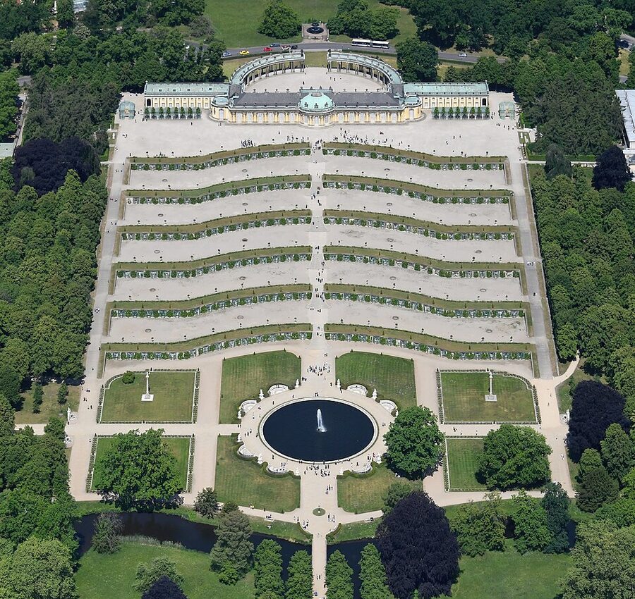 Aerial view of Sanssouci Palace and terraced vineyards from south Potsdam