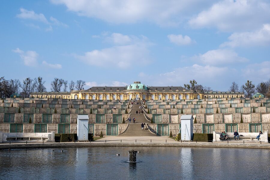 Sanssouci Palace and grounds in summer with terraced stairs