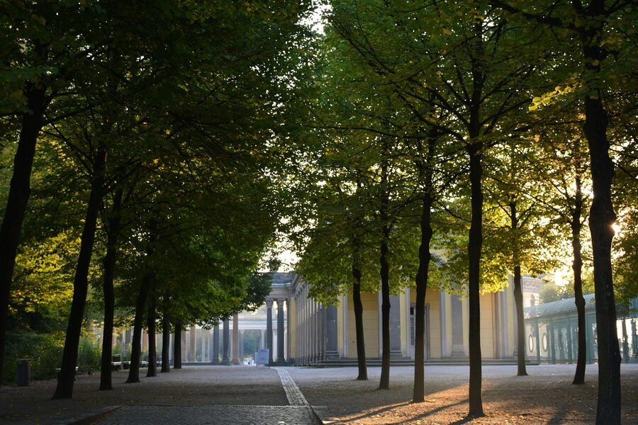 Sanssouci Palace honorary court colonnade backlit Potsdam