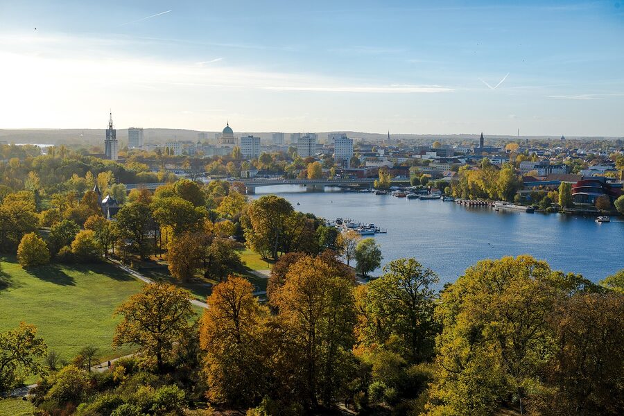 Potsdam skyline with Nikolaikirche dome and Havel river