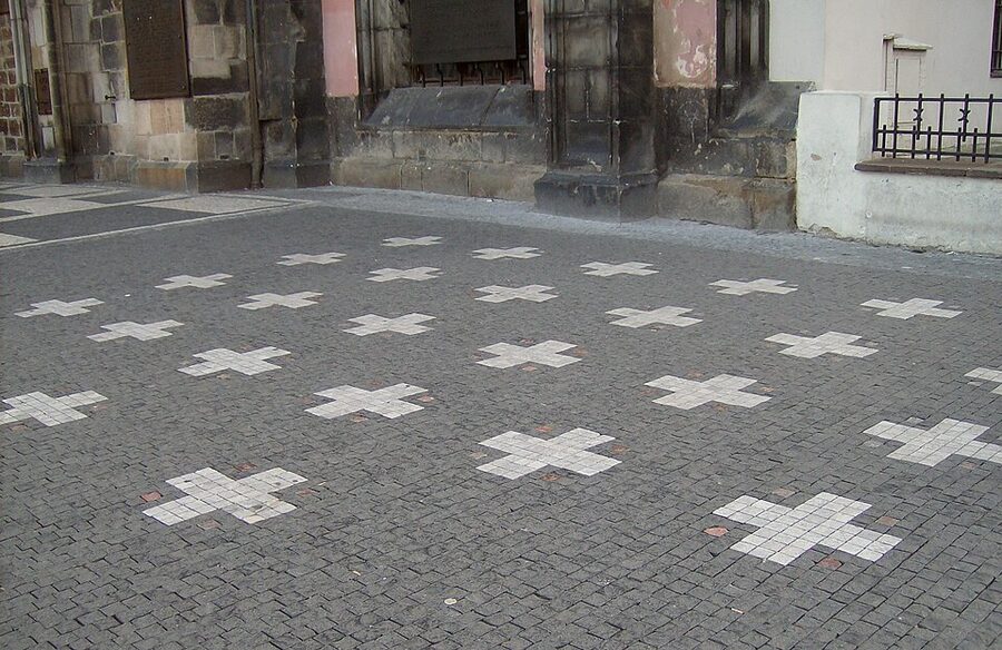 27 white crosses set into the cobblestones of Prague Old Town Square