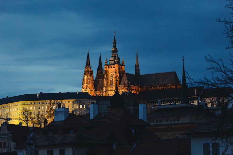 Prague Castle glowing in the evening
