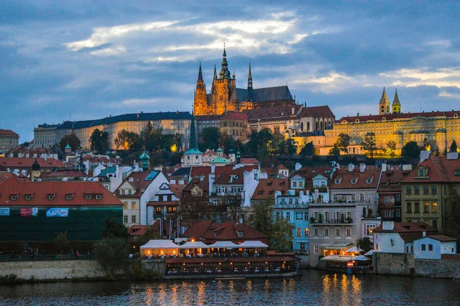 Prague Castle at twilight overlooking the river