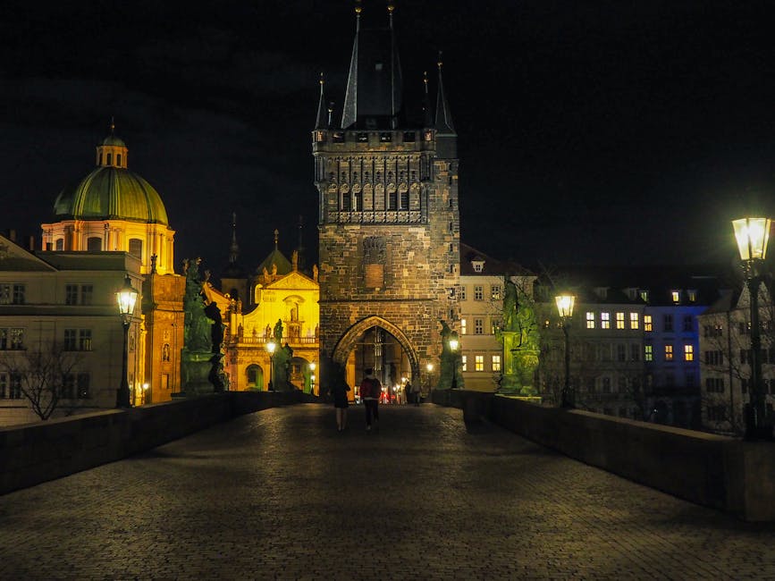 Atmospheric night view of Charles Bridge in Prague
