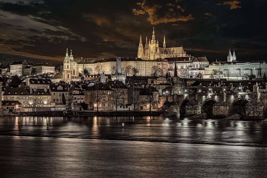Charles Bridge tower over Vltava River Prague