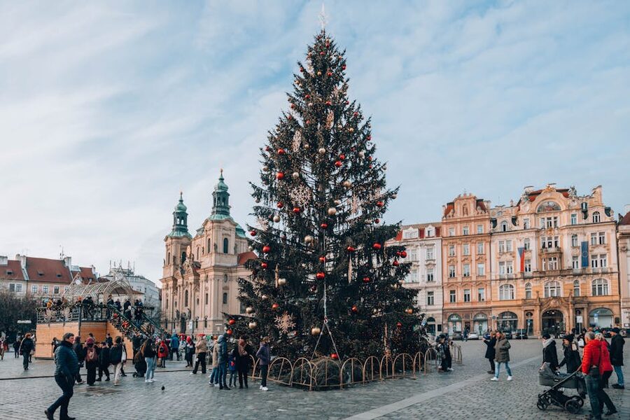 Prague Christmas market on Old Town Square with decorated tree