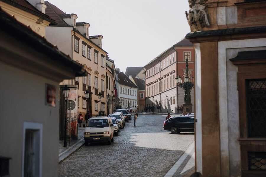Cobblestone street in Prague Old Town with historic facades