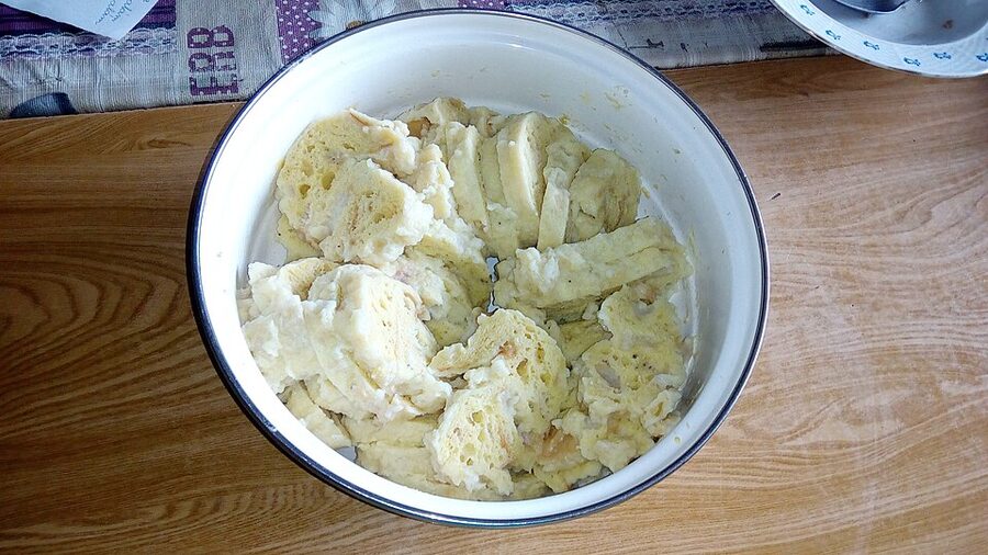 Czech yeast bread dumplings sliced on a plate