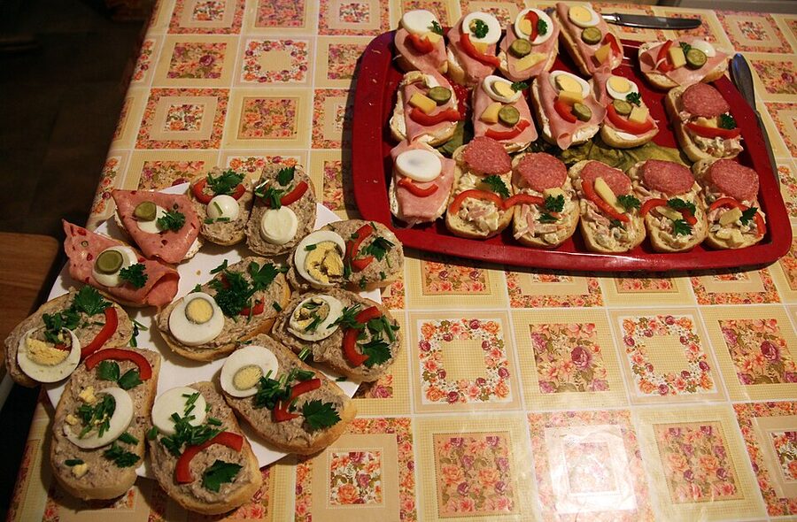 Czech chlebicky open faced sandwiches with various toppings