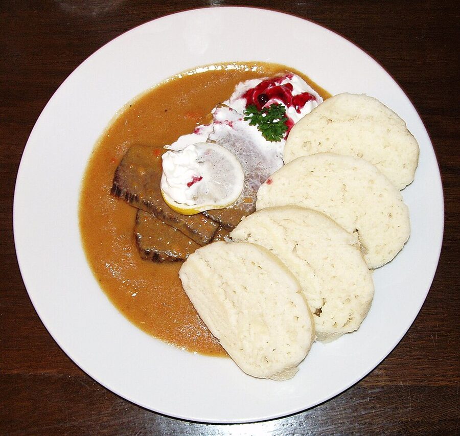 Svickova na smetane plated with bread dumplings in Prague