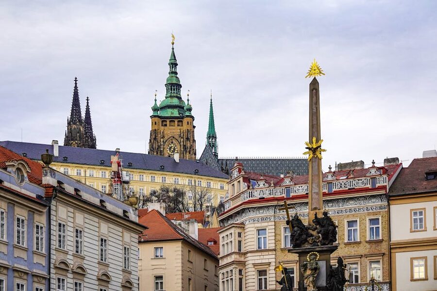 Prague Old Town column near food tour route
