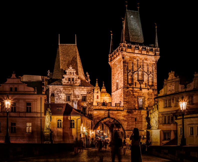 Gothic Prague building dramatically lit at night