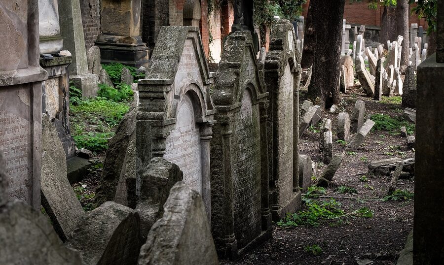 Crowded headstones at the Old Jewish Cemetery in Prague