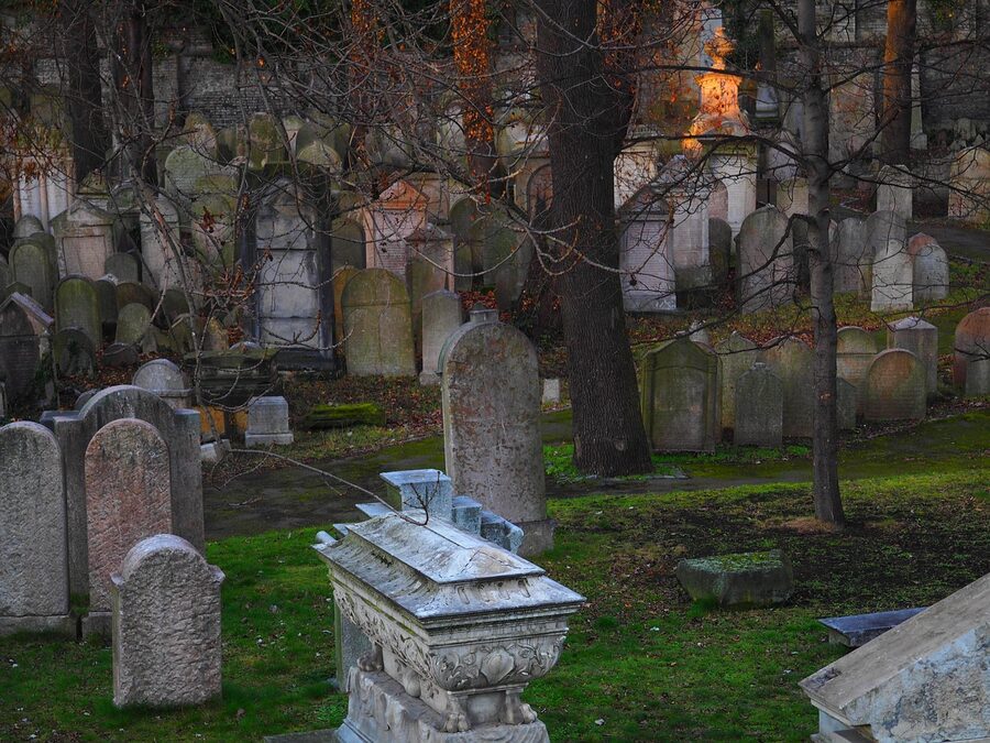 Old graves at Prague Jewish cemetery in Josefov
