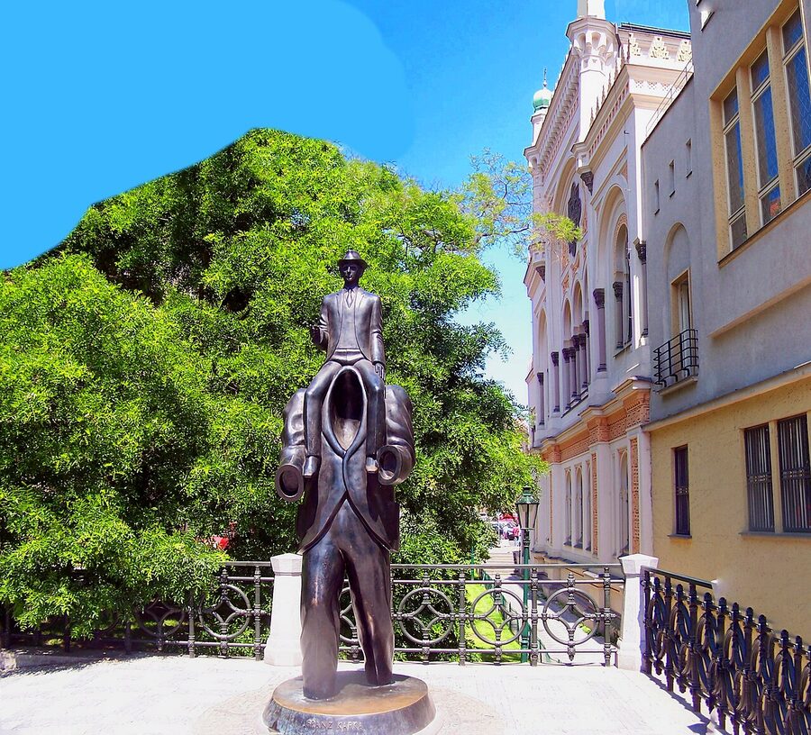 Franz Kafka Monument outside Spanish Synagogue Prague