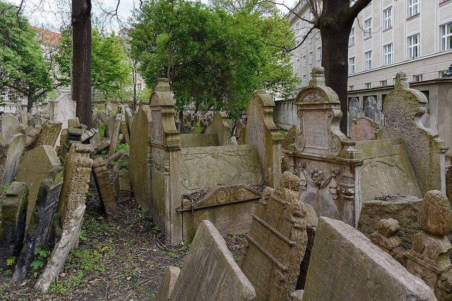 Densely packed tombstones at the Old Jewish Cemetery in Prague's Jewish Quarter