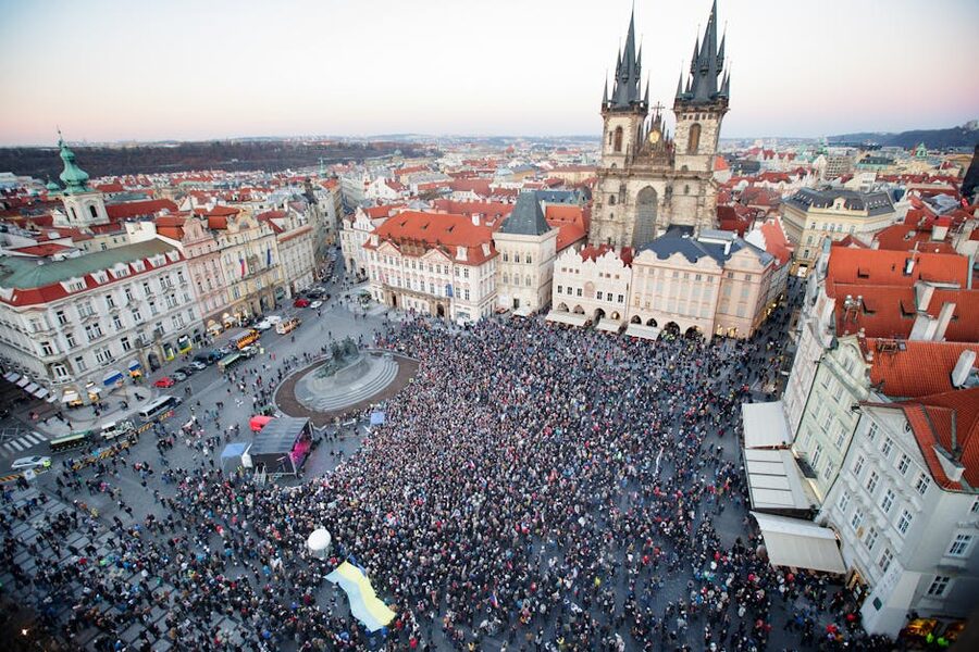 Old Town Square Prague aerial view with crowd