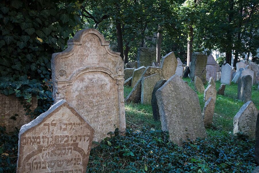 Old Jewish Cemetery in Josefov Prague stacked headstones