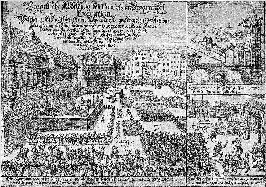 1621 engraving of the Old Town Square execution in Prague