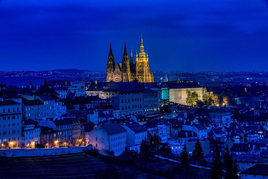 Historic Prague Old Town buildings at night