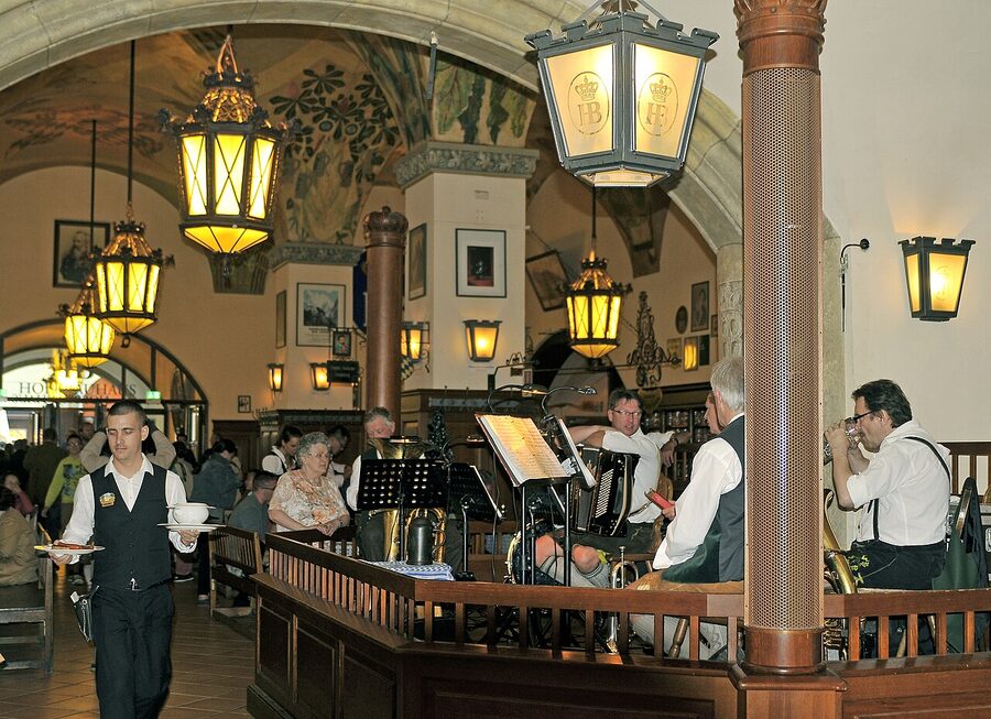 Munich Hofbrauhaus beer hall interior with vaulted ceiling