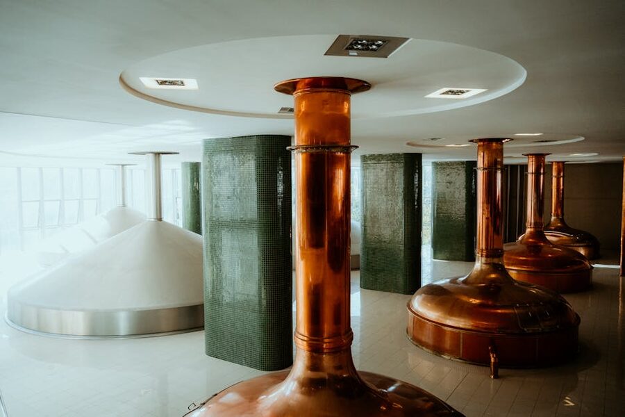 Copper brewing tanks inside the Pilsner Urquell brewhouse in Pilsen