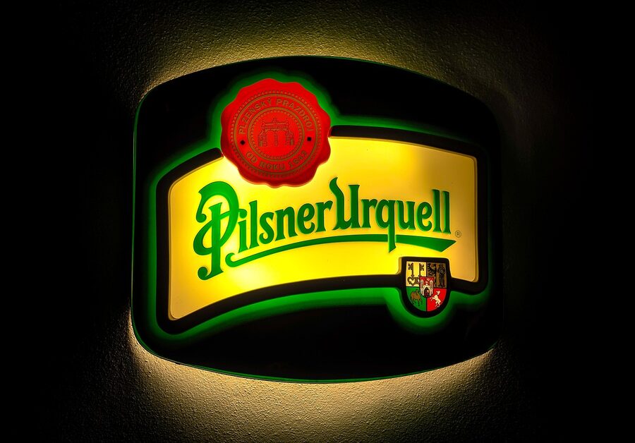 Plzen Pilsner Urquell neon advertising sign at night