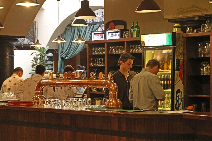 Pilsner Urquell brewhouse counter with traditional brewing equipment