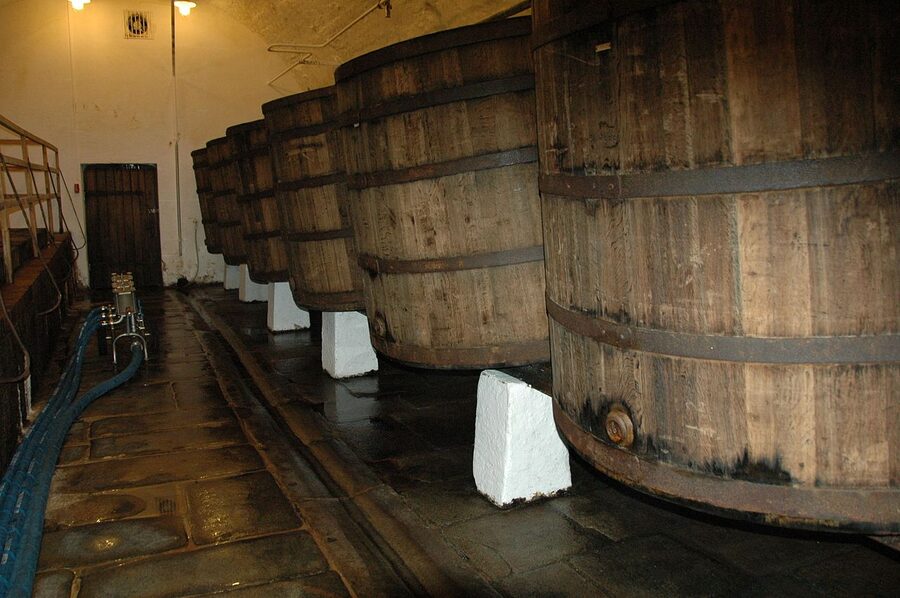 Underground cellar of the Pilsner Urquell brewery in Pilsen with vaulted brick arches