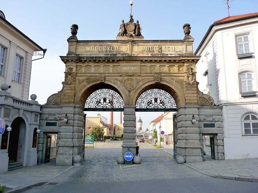Pilsner Urquell main gate Plzen brewery entrance arch