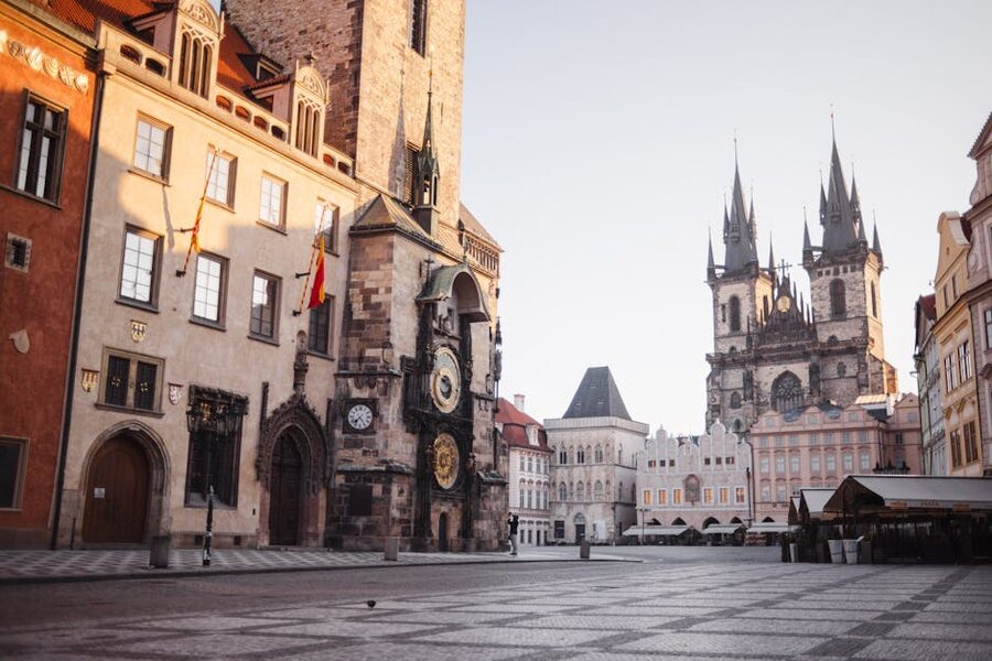 Church of Our Lady before Tyn rising over Old Town Square Prague