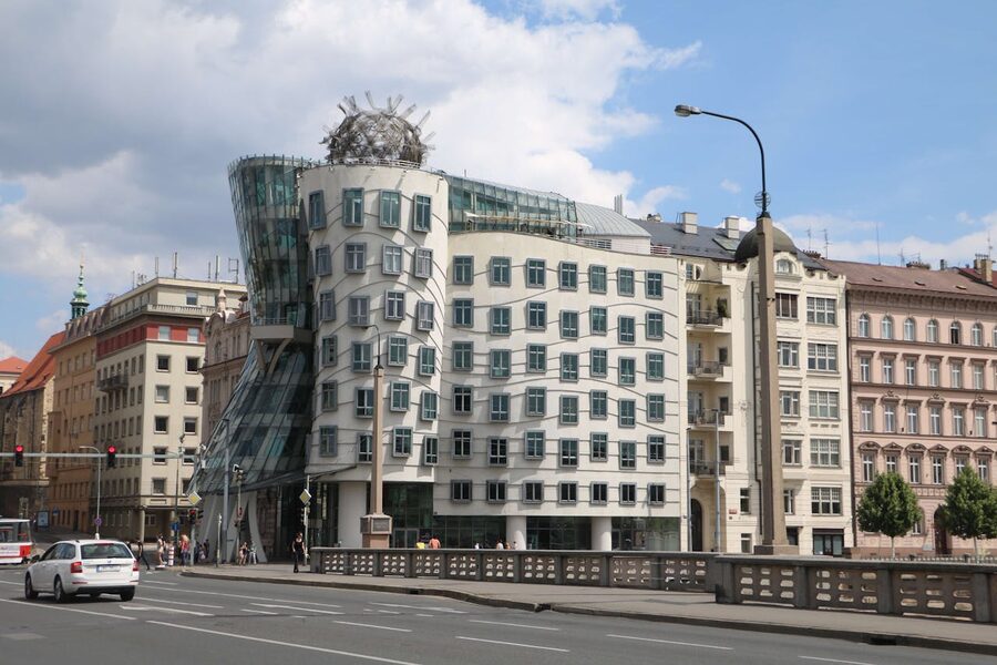 Dancing House on the Vltava waterfront in Prague seen from the river