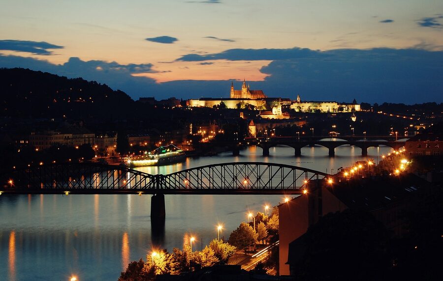 Vltava and Charles Bridge at sunset with cruise time approaching