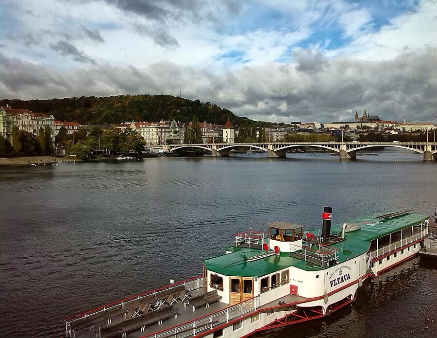 Historic paddle steamer Vltava docked at Rasin embankment in Prague