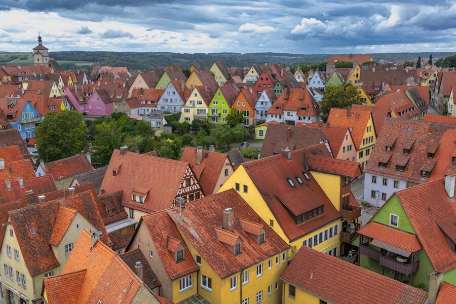 Aerial view of Rothenburg colorful rooftops and medieval architecture